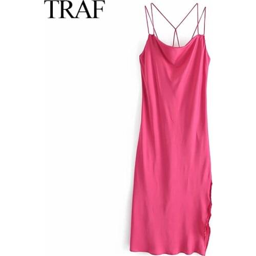 TRAF Womens Dress Elegant Fashion Sexy Satin Camisole Dress Za Party Dress Temperament Thin Shoulder Strap Side Airy Long Dress