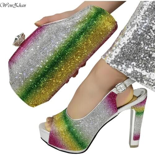 Pretty Sliver Wedding/Party High Heel Sandal Shoes Matching With Purse Bag Set With Colorful Rhinestones Heel Height D03-21