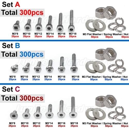 Practical 300pcs M3(3mm) A2 Stainless Steel Allen Bolts Screws With Hex Nuts Flat Washer Spring Washer Set combination