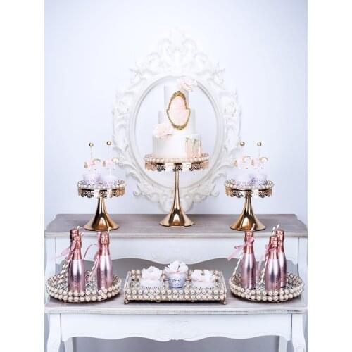 Luxury Gold Wedding High Feet Cake Stands Baking Dessert Table Cupcake Fondant Displayed Plates Lace Pearl Cake Stand for Party