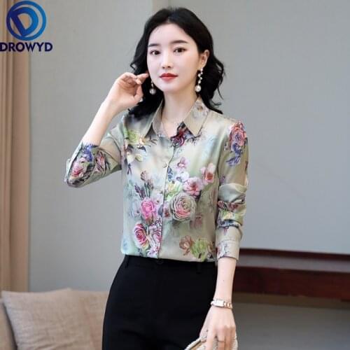 Fashion Green Floral Print Silk Satin Shirts Women Spring Autumn Long Sleeve Button Up Shirt Plus Size Tops Female blusas mujer