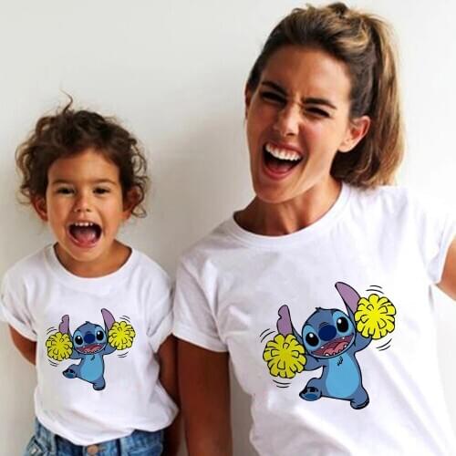 Family Clothes Disneys Lilo & Stitch Cheerleading T-Shirt Short Sleeve Tee Tops Kids Cartoon Printing Clothes Famliy Look