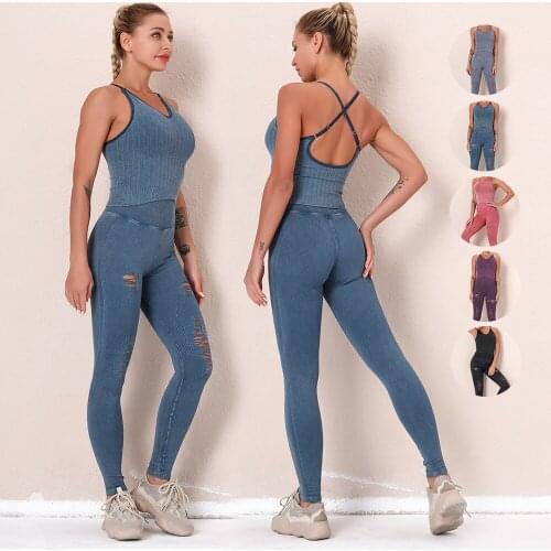 2 Piece Hollow Sport Outfits Seamless Yoga Suit For Women Gym Crop Top Bra Leggings Workout Set Fitness Suit Training Clothing