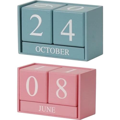 Vintage Wood Block Perpetual Calendar Reusable Wooden Desktop Office Decor