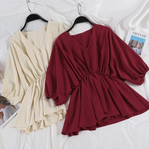 Elegant Women Summer V-Neck Lantern Sleeve Pleated Chiffon Ruffles Shirt New Casual Elastic Slim High Waist Pullover Blouse Tops