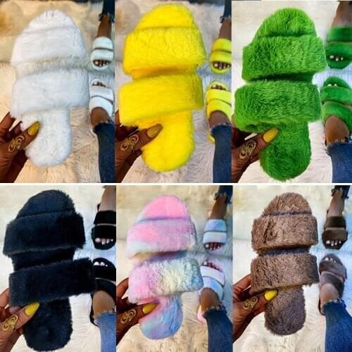 Women Fur Slippers Multi Color Fluffy Furry Indoor Slides Flats Open Toe Non Slip Warm Comfy Casual Shoes Ladies Celebrities