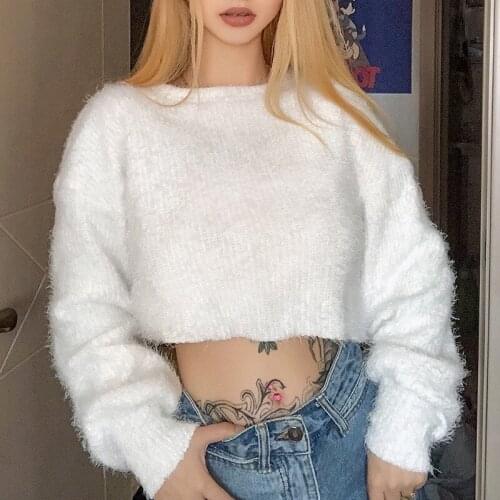 Winter Clothes Women Loose Casual Solid Color Long Sleeve O-neck Short Pullover Sweater Purple Sweet Knitwear Jumper