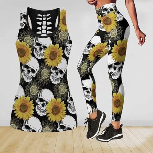 Womens Over Printed Yoga Suit Pirates of the Caribbean 3D Printing Hollow Vest Tank Top High Waist Leggings Sports Ladies Suit