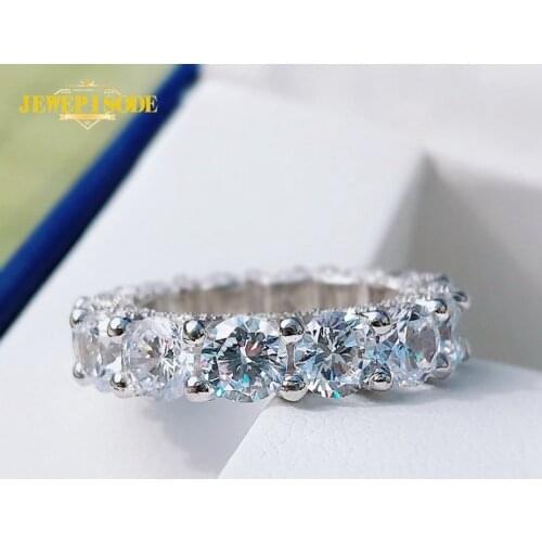 Jewepisode Classic 100% Solid Silver 925 Jewerly Round Cut Simulated Moissanite AAA Zircon Gemstone Wedding Band Engagement Ring
