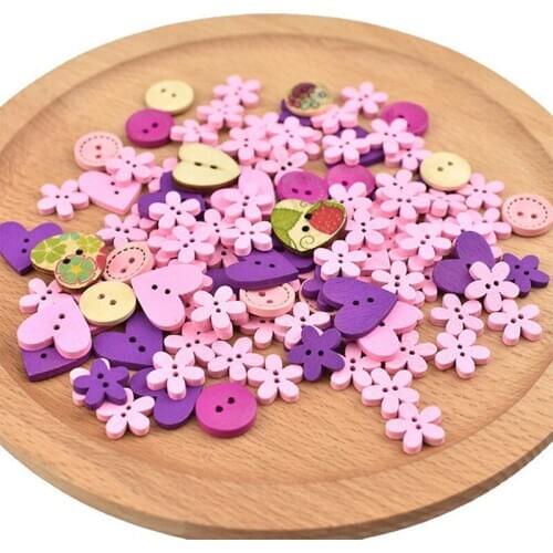 100pcs Cute Flowers Pink Purple DIY Sewing Craft Wooden Buttons Scrapbooking Decor Wool Knitting Doll Material Accessories