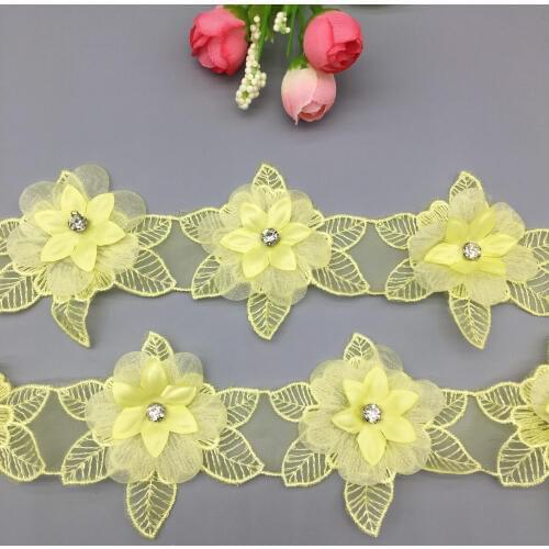 2 yards Yellow Flower Leaf Lace Ribbon Rhinestones Embroidered Lace Trim Fabric Patches Applique Wedding Dress Clothes Sewing