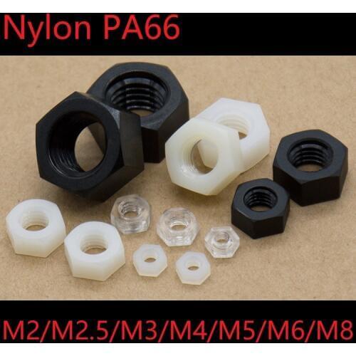 5pcs Plastic Hex Nuts M2 M2.5 M3 M4 M5 M6 M8 Nylon PA66 Heat Insulation Hexagon Lock Nut Thread Bolt Cap Black White Clear