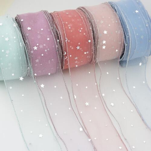 5 Yards/roll) Stars Silk Organza ribbon Bow material for hair print flower decoration lace ribbons