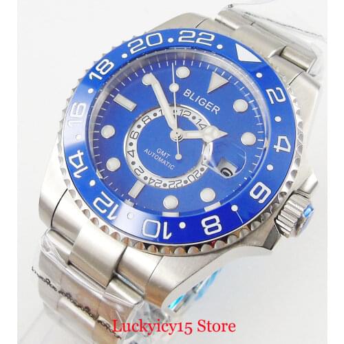 BLIGER Mechanical Wristwatch 43mm Blue Dial GMT Function Date Function Sapphire Glass Rotating Bezel Mental Strap