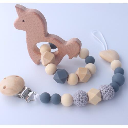 Wooden Newborn Baby Pacifier Tooth gel Clips Cute Animals Mini Cartoon Silicone Pacifier Chain Holder 0-12 Month Pacifier Clips