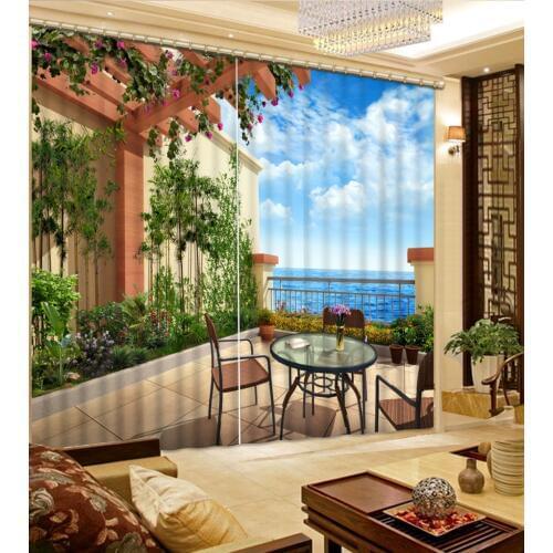 Blue sky and white clouds balcony pavilion Scenery Beauty Digital Photo Printing Blackout 3D Curtains for Living Room Bedding