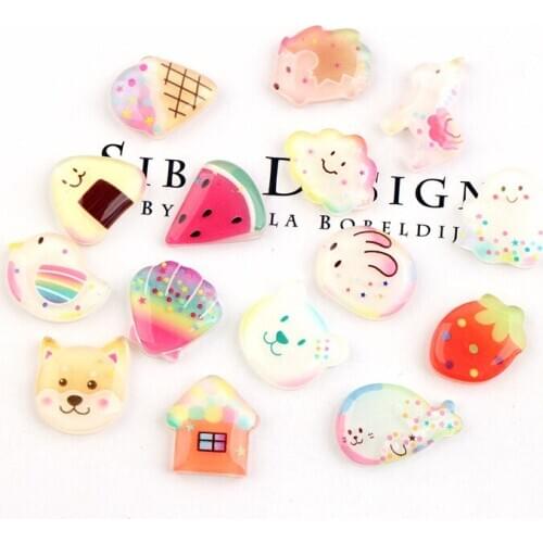 Kawaii Colorful Fruit Ice Cream Strawberry Watermelon Animal Resin Cabochons Acrylic Planar Cameo Patch Sticker 10pcs 17mm