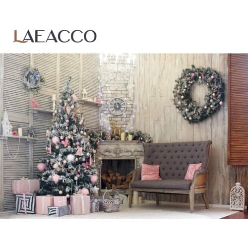 Laeacco Old Rural House Christmas Party Tree Gift Fireplace Wreath Baby Child Portrait Photo Background Photography Backdrops