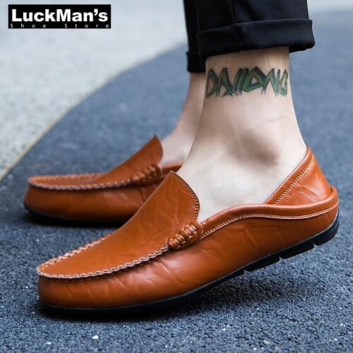 LuckMan Big Size 35-47 Slip on Casual Men Loafers Spring and Autumn Mens Moccasins Shoes Genuine Leather Mens Flats Shoes