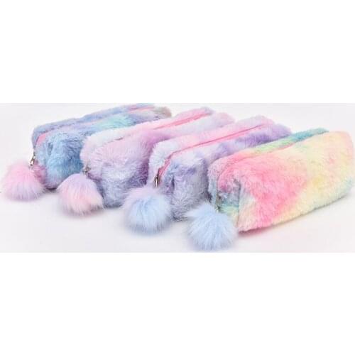 1pc Kawaii Plush Pencil Case Gradient Color Cute Girl Plush Octagonal Pen Bag Girl Student Simple Stationery Storage Bag