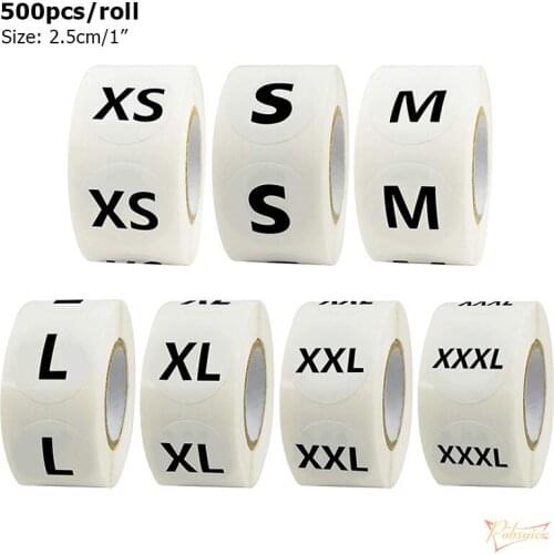 500Pcs/Roll Self-adhesive Round Size Paper Sticker for Clothing Pants Caps Shoes Accesspries S/M/L/XL/XXL/XXXl Black White 3.8cm