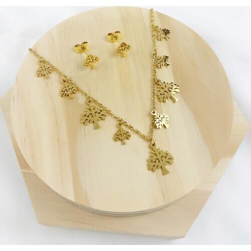 New Fashion Gold Color Tree Of Life Pendant Necklace Stainless Steel Set Crystal Round Necklace For Women Drop Shipping