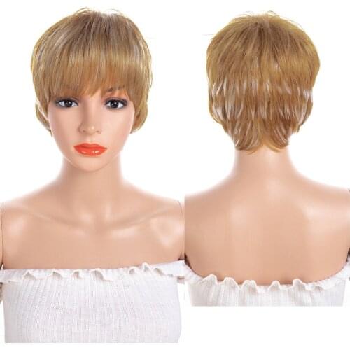 Pixie Cut Wigs Short Synthetic Hair Wavy Perruque Cheveux Synthetic Wigs With Bangs Brown Color Layered Curly Wigs for Women