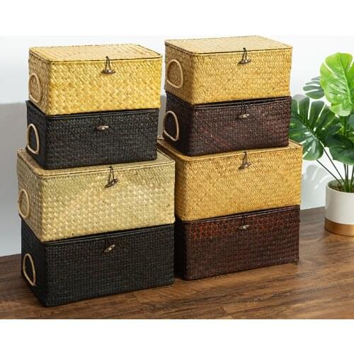 Handwoven Seagrass Storage Box with Lid Desktop Makeup Organizer Multipurpose Container Wicker Rattan Picnic Basket Home Decor