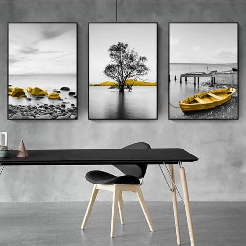 Yellow Boat Tree Poster Seascape Nordic Posters Canvas Painting Wall Art Pictures for Living Room Home Decor Seaside Scenery