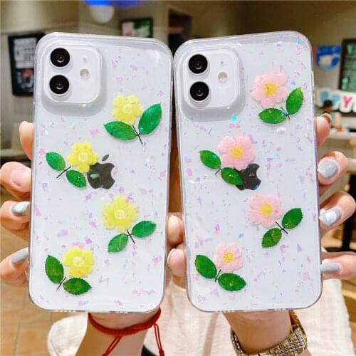 Clear Real Dried Flower Epoxy Soft Phone Case For iPhone 12 11 Pro Max XR XS Max X 7 8 Plus 12Mini Shockproof Bumper Back Cover