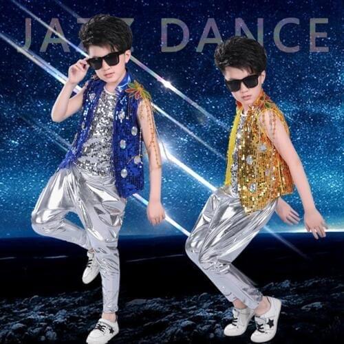 Tops pants Vest Children Sequins Modern Jazz Dance Outfits Ballroom Hip Hop Dancing Suits kids Party Stage wear Costumes Clothes