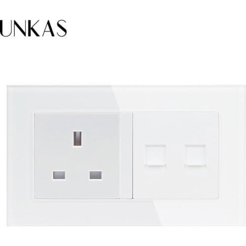 UNKAS White Luxury glass panel 2 Gang Wall Power 13A UK Standard Electrical With Double RJ45 Internet Data Computer Jack CAT