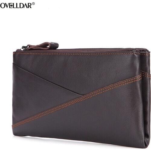 Vintage Genuine Leather Long Wallet Men Purse Zipper Wallet Moible Phone Wallet RFID Blocking Credit Card Holder Large Capacity