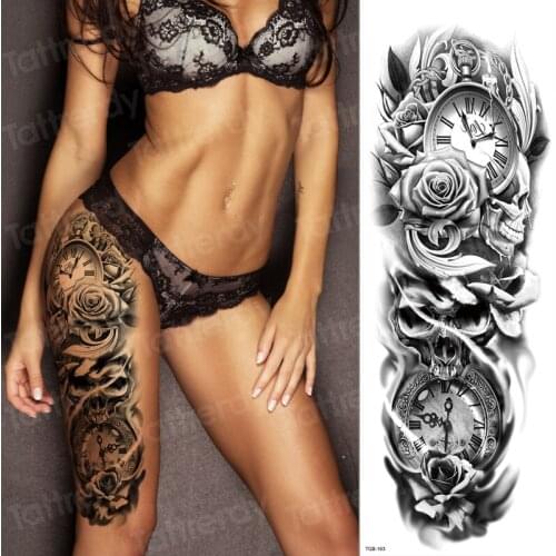 Arm sleeve temporary tattoos large leg waterproof tattoos mechanical clock dragon death skull black tatoo for boy fake sticker