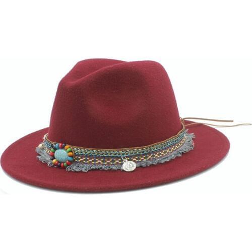 100% Wool Women Outback Fedora Hat With Tassel Bohemia Ribbon For Elegant Lady Jazz Church Panama Sombrero Caps Size 56-58CM