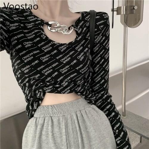 Spring Summer Women Casual Metal Chain Letters Print O-Neck Long Sleeve T-shirt Autumn Sexy Club Crop Tops Shirt Plus Size Tees