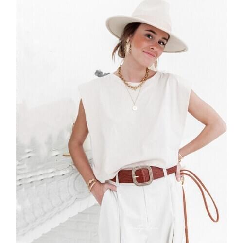 Cotton Shoulder Padded Korean Women T-Shirt O-Neck Sleeveless Solid Female T Shirt 2021 New Summer Casual Loose Ladies Top Tees