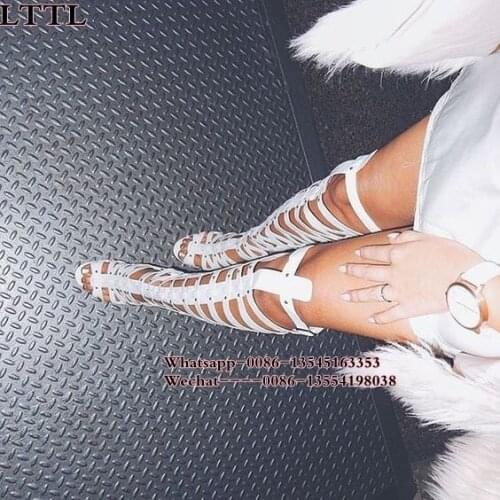 Red white Women Sexy cut outs Spike Over the Knee Gladiator Boots Rivet Strap Cross High heel Sandal Boots Shoes Women