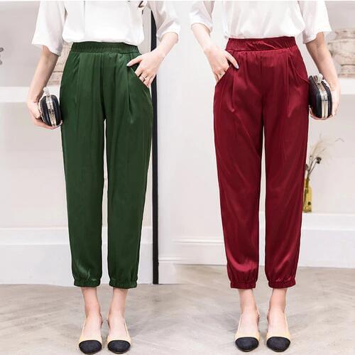Nature Silk Harem Pants Women 2019 Summer Korean Work White Pants Elastic Waist Pants Solid Silk Real Silk Trousers