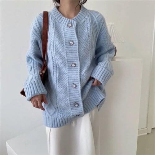 Autumn Winter Single Breasted Cardigans For Women Solid Color Knitting Jacket Ladies Blue Knitwear Sweater Warm Cardigans