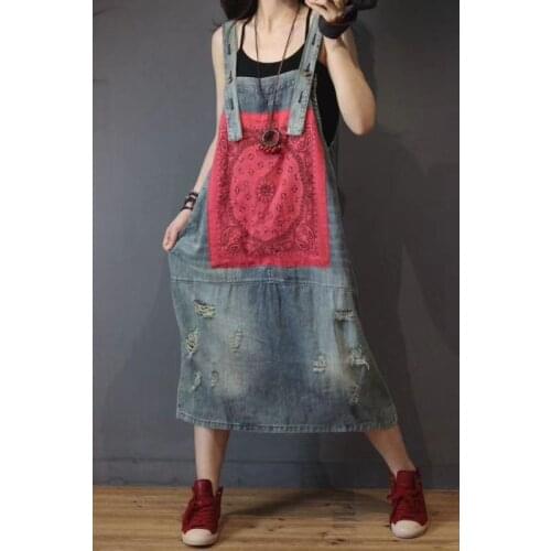Summer Dress Women Retro Large size Denim Dress New Ladies 2018 Casual Print pocket hole Bleached Loose Denim Dress