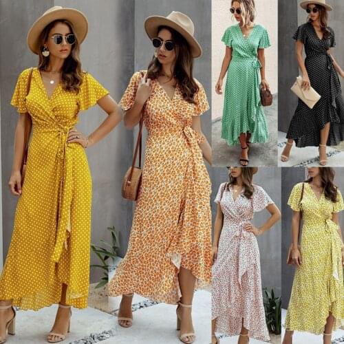 Fashion Elegant Vestidos Mujer Verano 2021 V-Neck Midi Summer Womens Dress Holiday Beach Style Polka Dot Maxi Robe Femme Casual