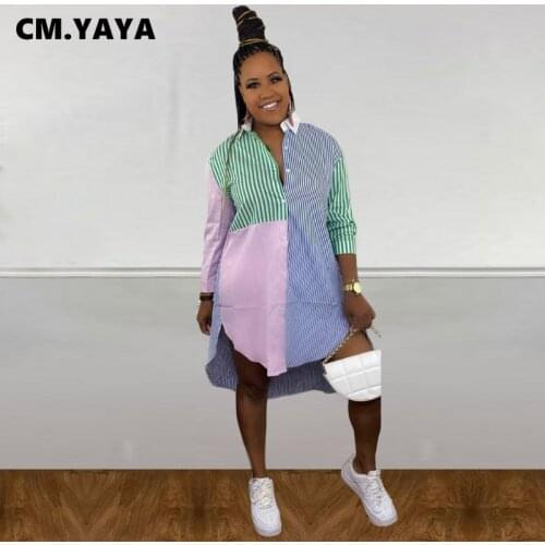 CM.YAYA Women Dress Patchwork Full Sleeve Single Breasted Straight Loose Midi Dresses Fashion Casual Outfit Summer Vestidos 2021