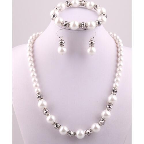 12mm White Pearl and 8mm crystal glass beads roundle necklace bracelet earring jewelry set