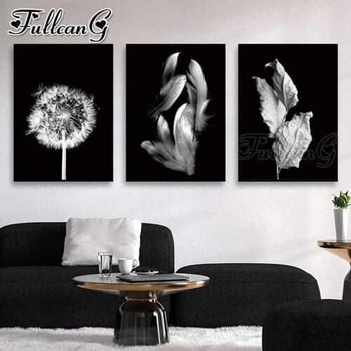 FULLCANG 5d diy diamond embroidery feather dandelion leaves painting triptych full square round drill home decoration FC3487
