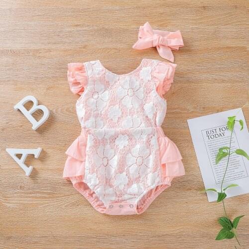 Summer Baby Girls Casual Fly Sleeve Ruffle Bodysuit and Headband Fashion Solid Color Lace Bandage Jumpsuits