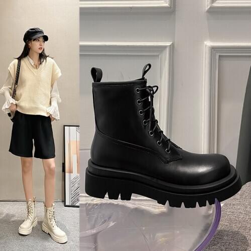 2020 Autumn winter new front lace-up motorcycle boots leather chunky heel female boots fashion platform Martin boots X502