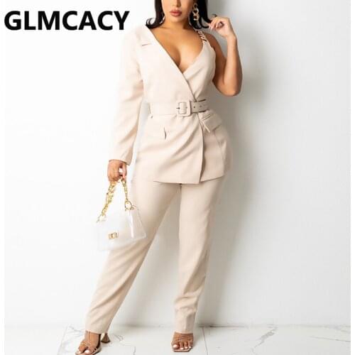 Two Piece Elegant Workwear Suits One Shoulder Belted Blazer & Slim Pants Set