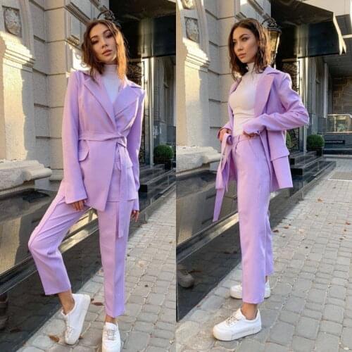 Purple Stylish Womens Trouser Suit with Belt Two Pieces Prom Dress Party Wear Custom Made Lady Evening Gowns