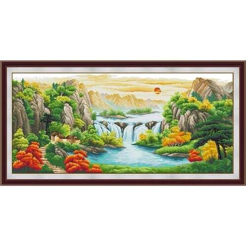 Horizontal Chinese Landscape Waterfall Scenery in Chinese Landscape Paintings Stamped Cross Stitch Kit Embroidery needlework set